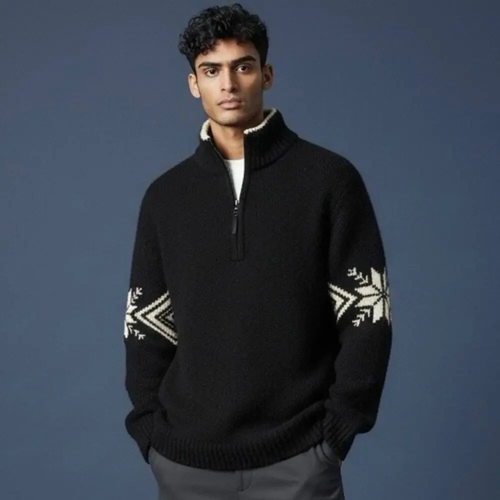 Banana Republic 100% Wool Nordic Snowflake Quarter Zip Sweater Medium Black